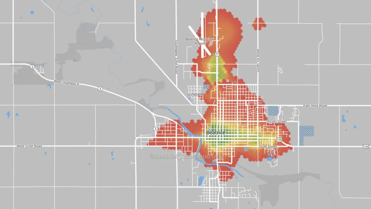 Walk Grade map of Glenover, NE, walkable areas in green and car-dependent areas in red