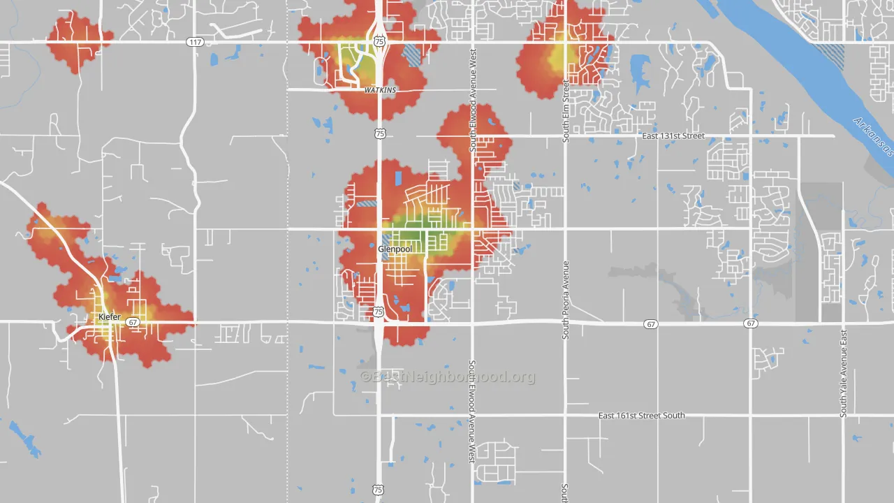 Walk Grade map of Glenpool, OK, walkable areas in green and car-dependent areas in red