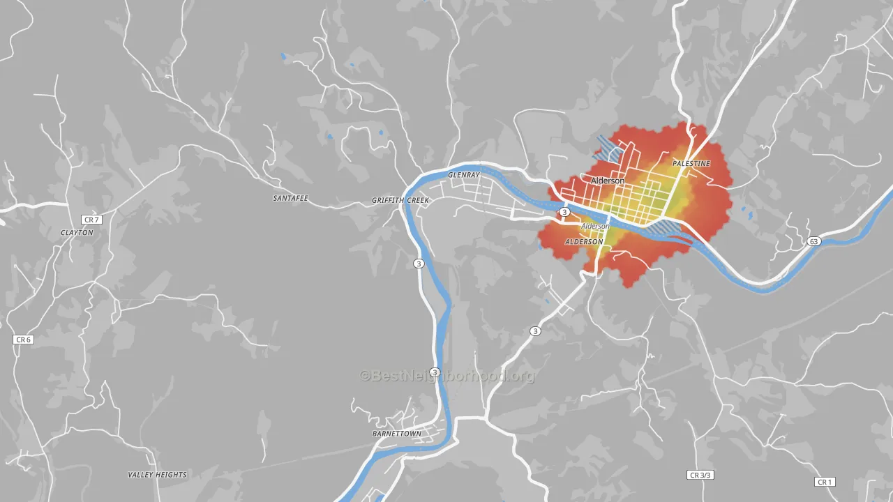 Walk Grade map of Glenray, WV, walkable areas in green and car-dependent areas in red