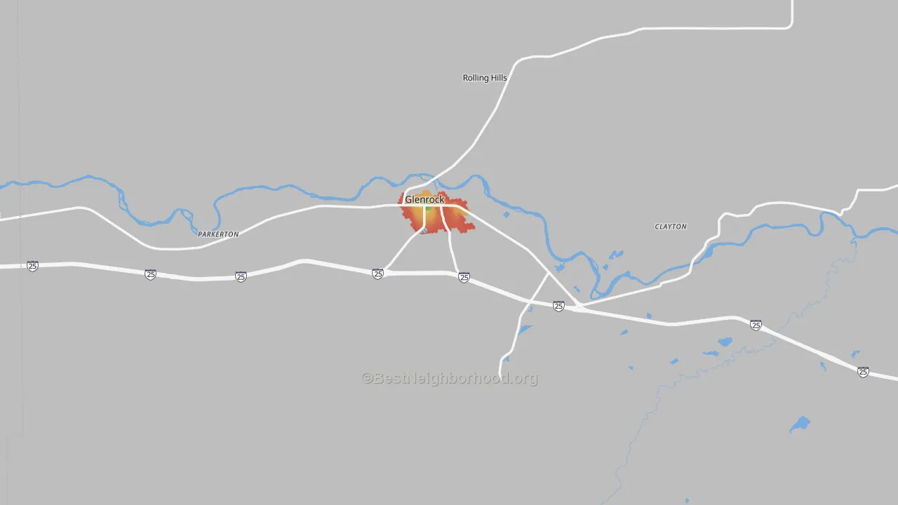 Walk Grade map of Glenrock, WY, walkable areas in green and car-dependent areas in red