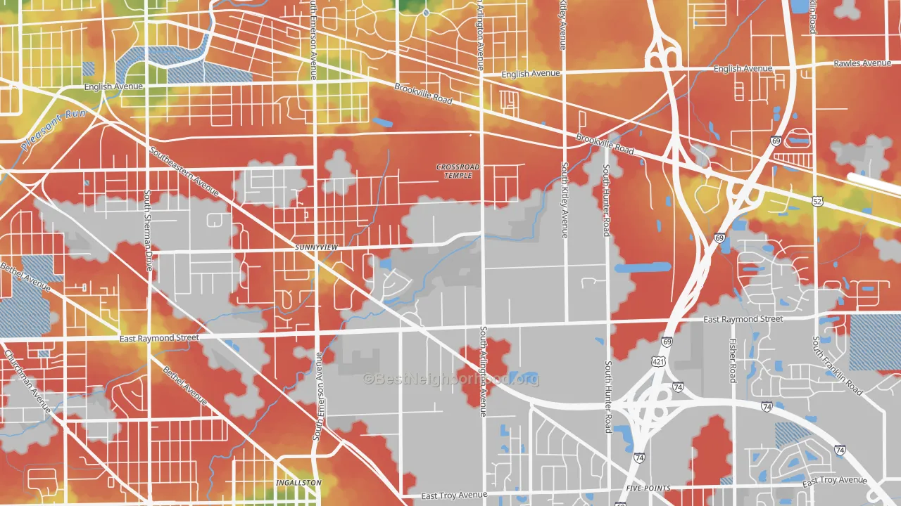 Walk Grade map of Glenroy Village, Indianapolis, IN, walkable areas in green and car-dependent areas in red