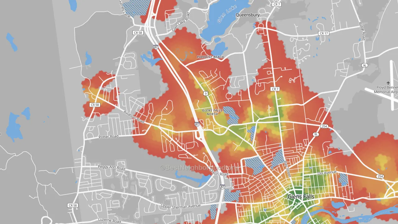 Walk Grade map of Glens Falls North, NY, walkable areas in green and car-dependent areas in red