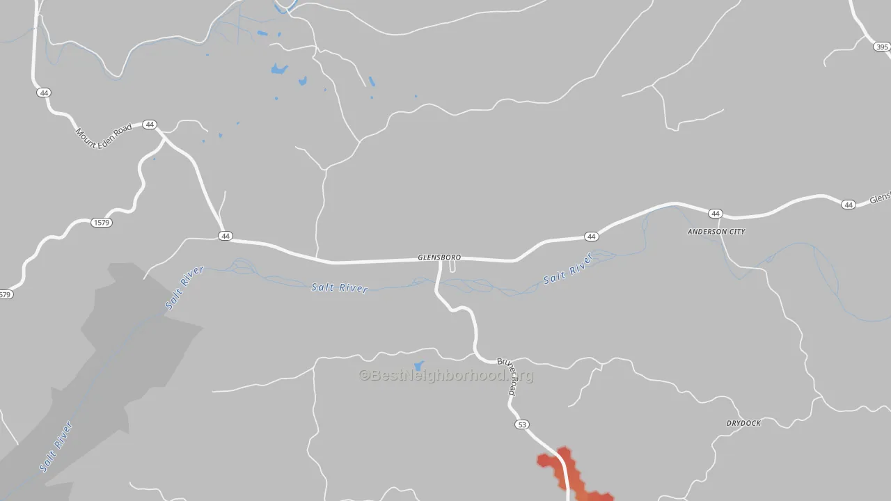 Walk Grade map of Glensboro, KY, walkable areas in green and car-dependent areas in red