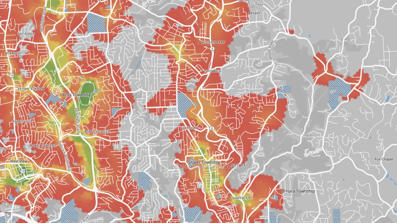Walk Grade map of Glenshaw, PA, walkable areas in green and car-dependent areas in red