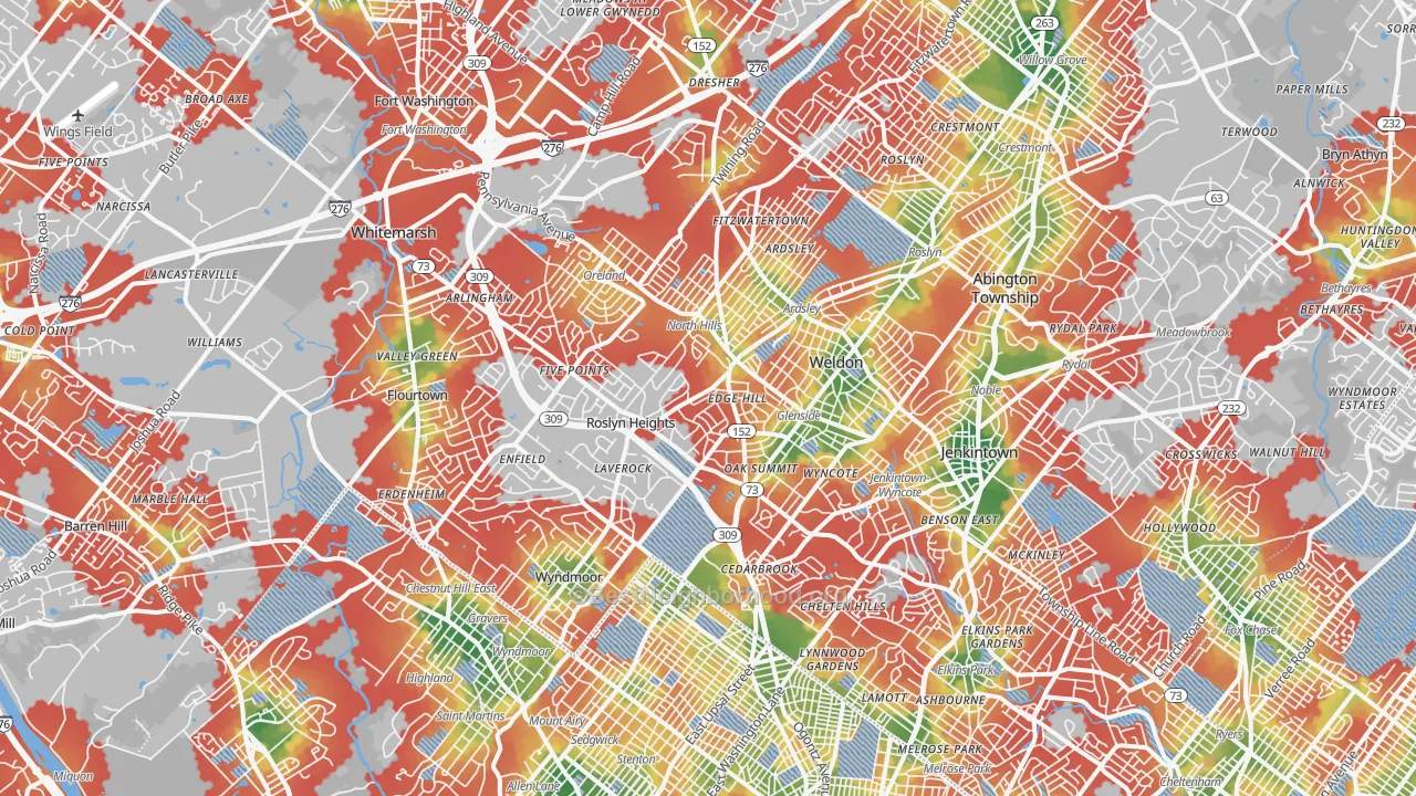 Walk Grade map of Glenside, PA, walkable areas in green and car-dependent areas in red
