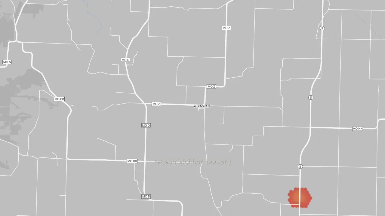 Walk Grade map of Glensted, MO, walkable areas in green and car-dependent areas in red