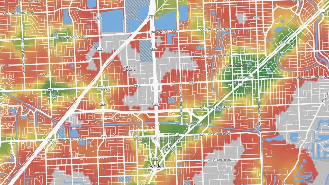Walk Grade map of Glenvar Heights, FL, walkable areas in green and car-dependent areas in red
