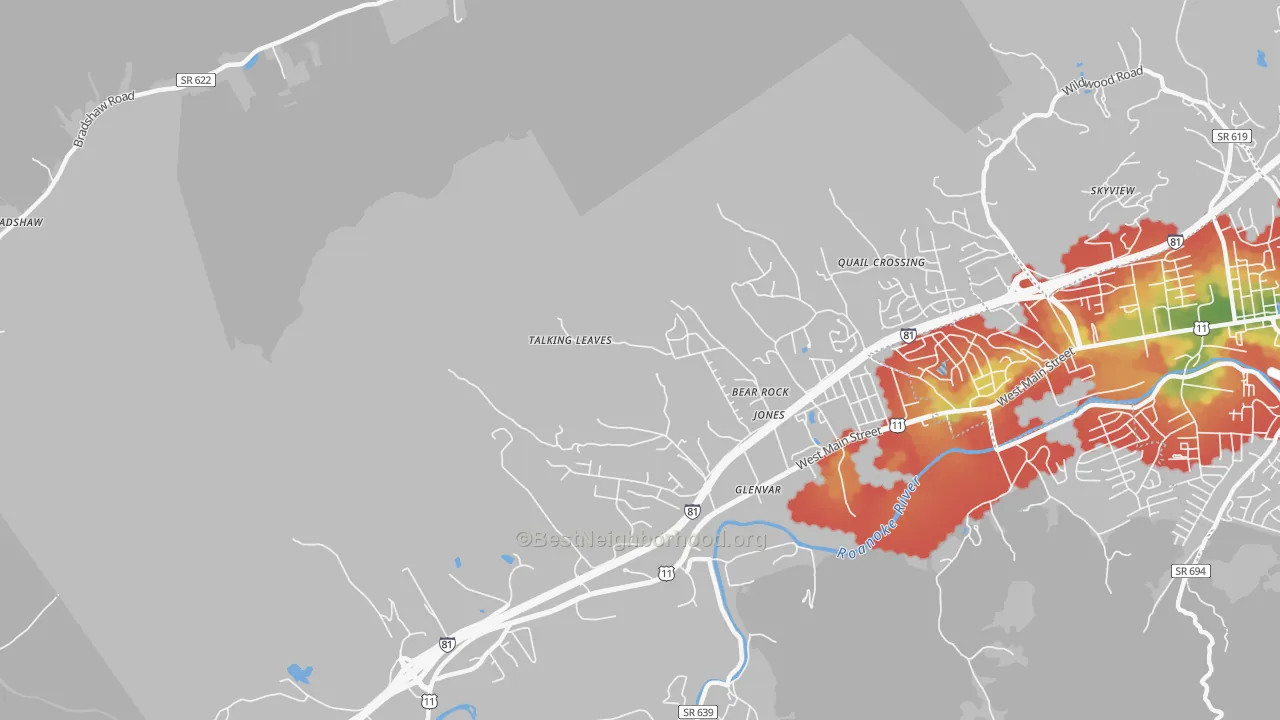 Walk Grade map of Glenvar, VA, walkable areas in green and car-dependent areas in red