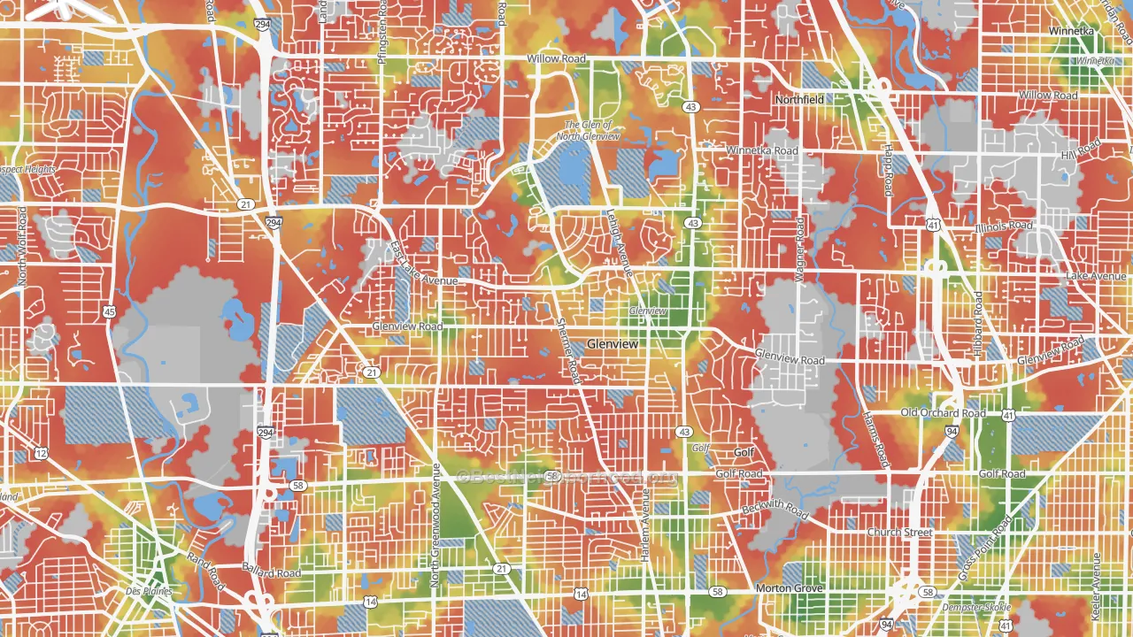 Walk Grade map of Glenview, IL, walkable areas in green and car-dependent areas in red