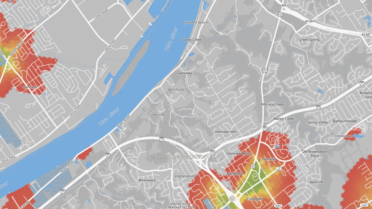 Walk Grade map of Glenview, KY, walkable areas in green and car-dependent areas in red