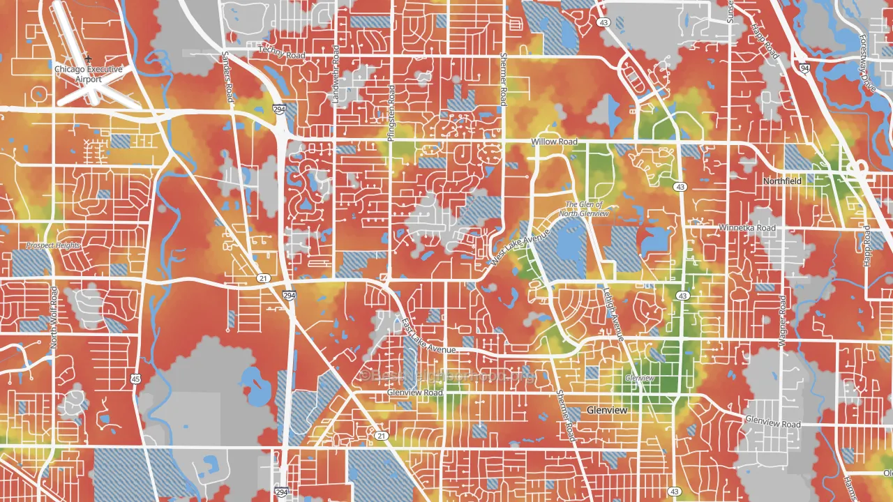 Walk Grade map of Glenview Nas, IL, walkable areas in green and car-dependent areas in red