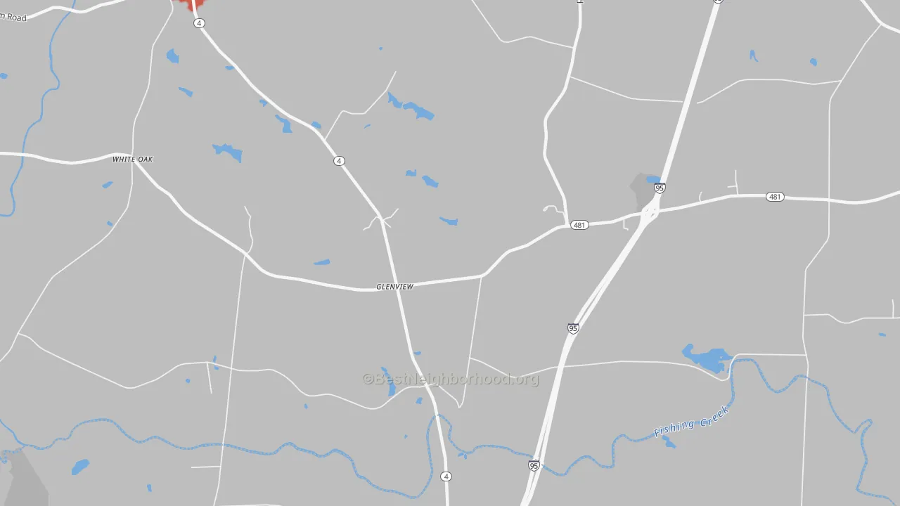 Walk Grade map of Glenview, NC, walkable areas in green and car-dependent areas in red