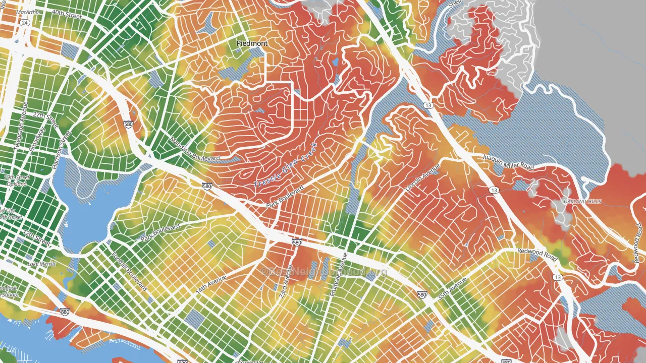 Walk Grade map of Glenview, Oakland, CA, walkable areas in green and car-dependent areas in red