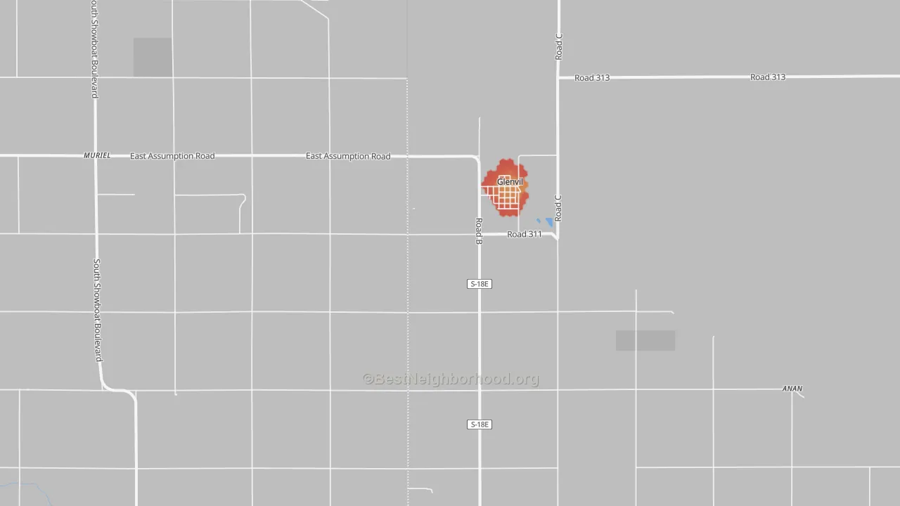 Walk Grade map of Glenvil, NE, walkable areas in green and car-dependent areas in red