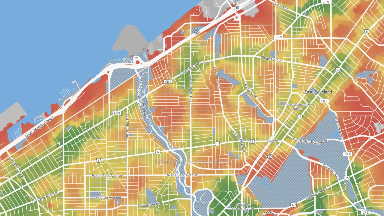 Walk Grade map of Glenville, Cleveland, OH, walkable areas in green and car-dependent areas in red