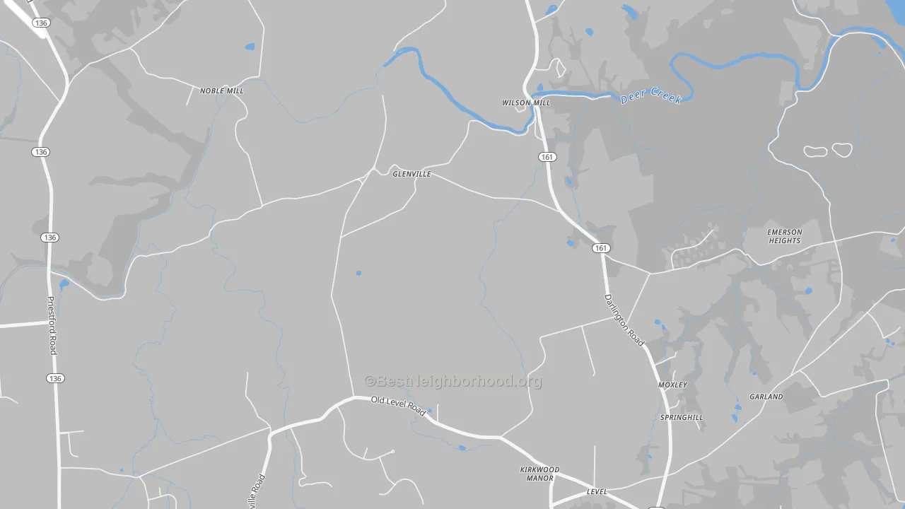 Walk Grade map of Glenville, MD, walkable areas in green and car-dependent areas in red