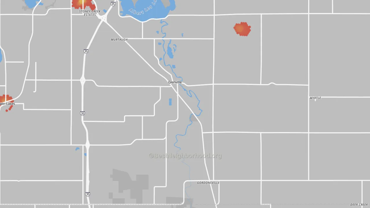 Walk Grade map of Glenville, MN, walkable areas in green and car-dependent areas in red