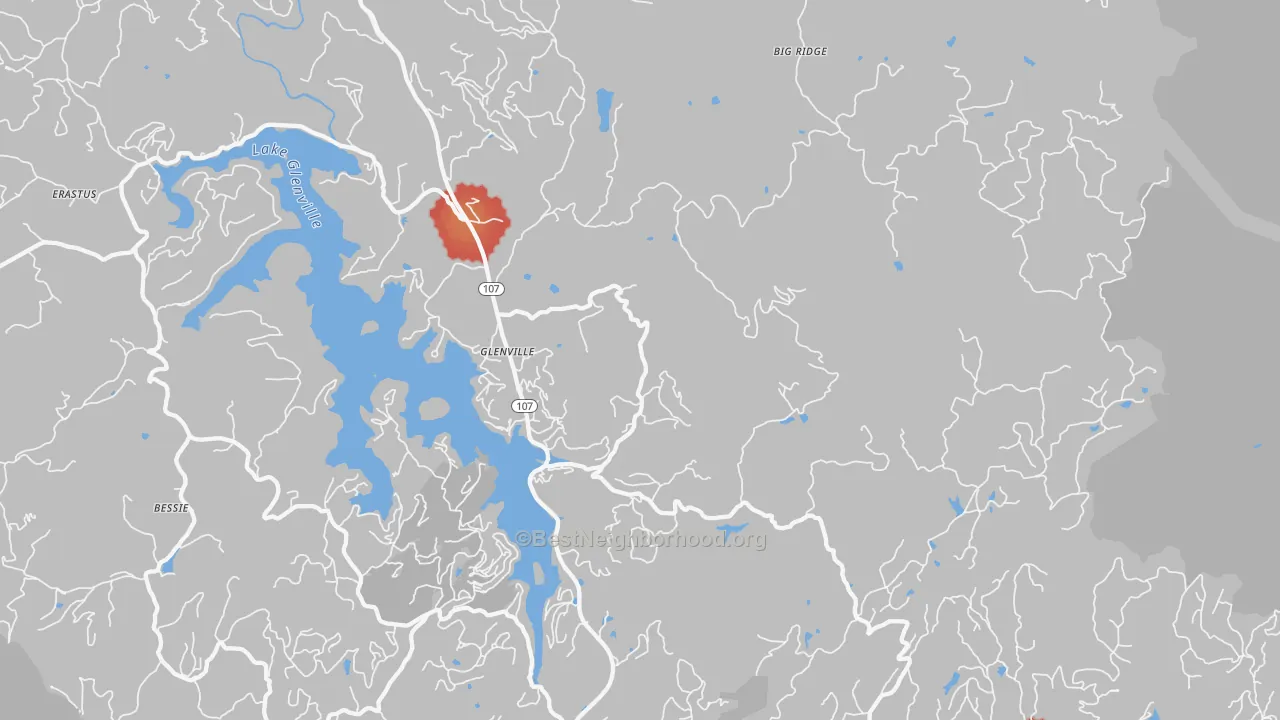 Walk Grade map of Glenville, NC, walkable areas in green and car-dependent areas in red
