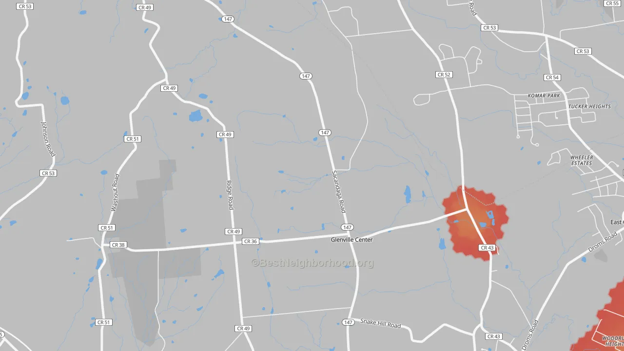 Walk Grade map of Glenville, NY, walkable areas in green and car-dependent areas in red