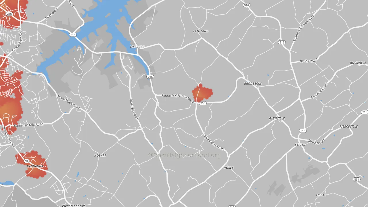 Walk Grade map of Glenville, PA, walkable areas in green and car-dependent areas in red