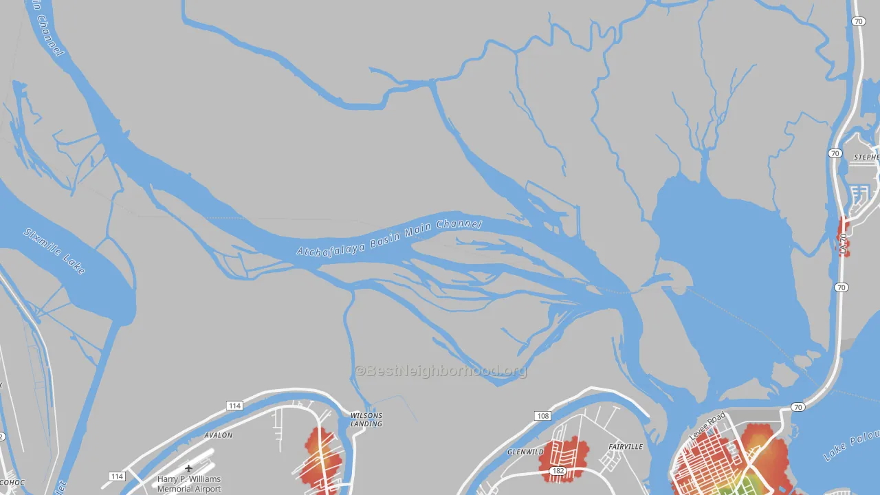 Walk Grade map of Glenwild, LA, walkable areas in green and car-dependent areas in red