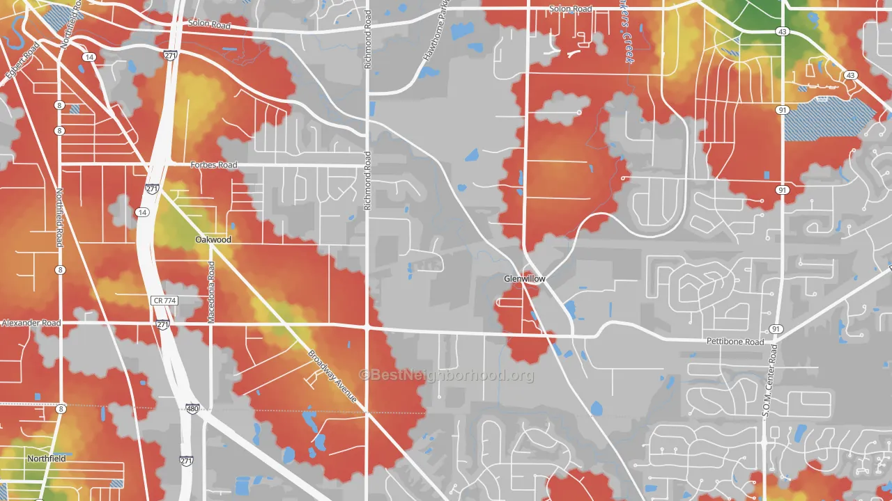 Walk Grade map of Glenwillow, OH, walkable areas in green and car-dependent areas in red