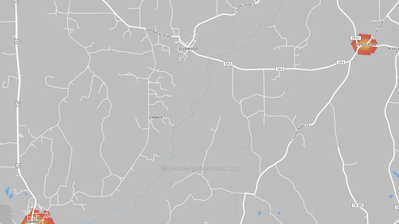 Walk Grade map of Glenwood, AL, walkable areas in green and car-dependent areas in red