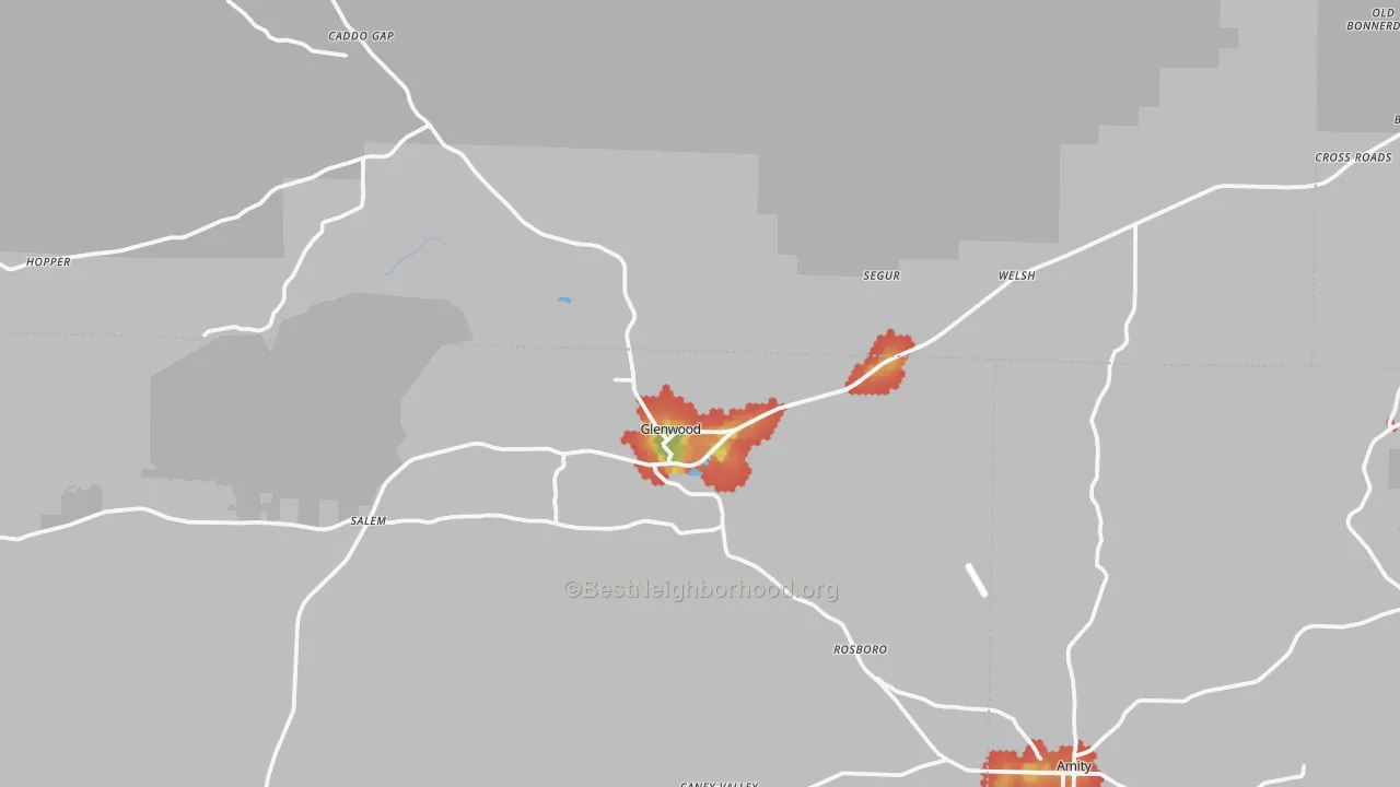 Walk Grade map of Glenwood, AR, walkable areas in green and car-dependent areas in red