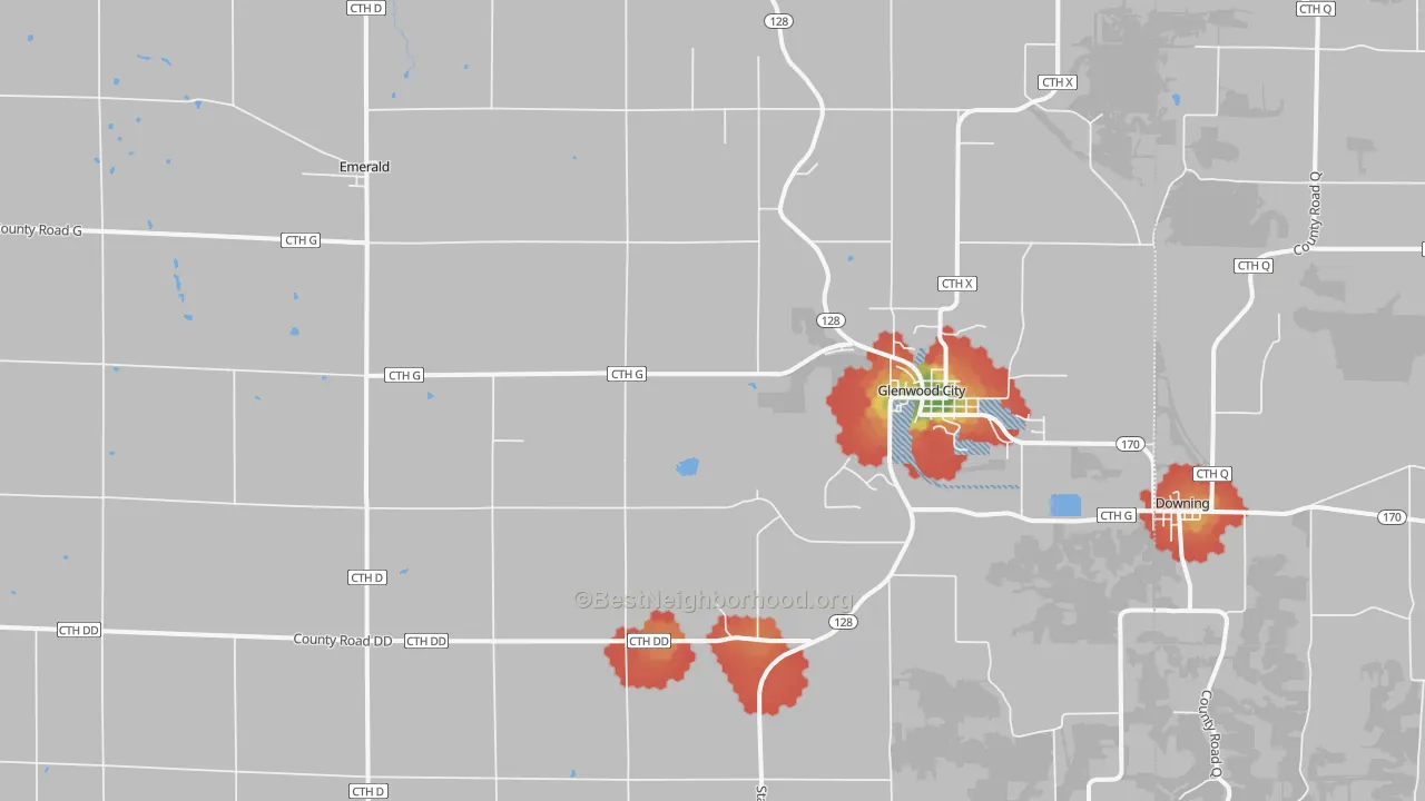 Walk Grade map of Glenwood City, WI, walkable areas in green and car-dependent areas in red