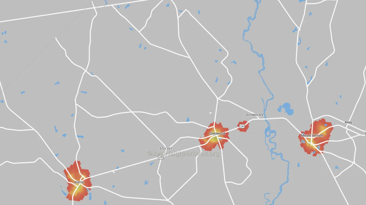 Walk Grade map of Glenwood, GA, walkable areas in green and car-dependent areas in red