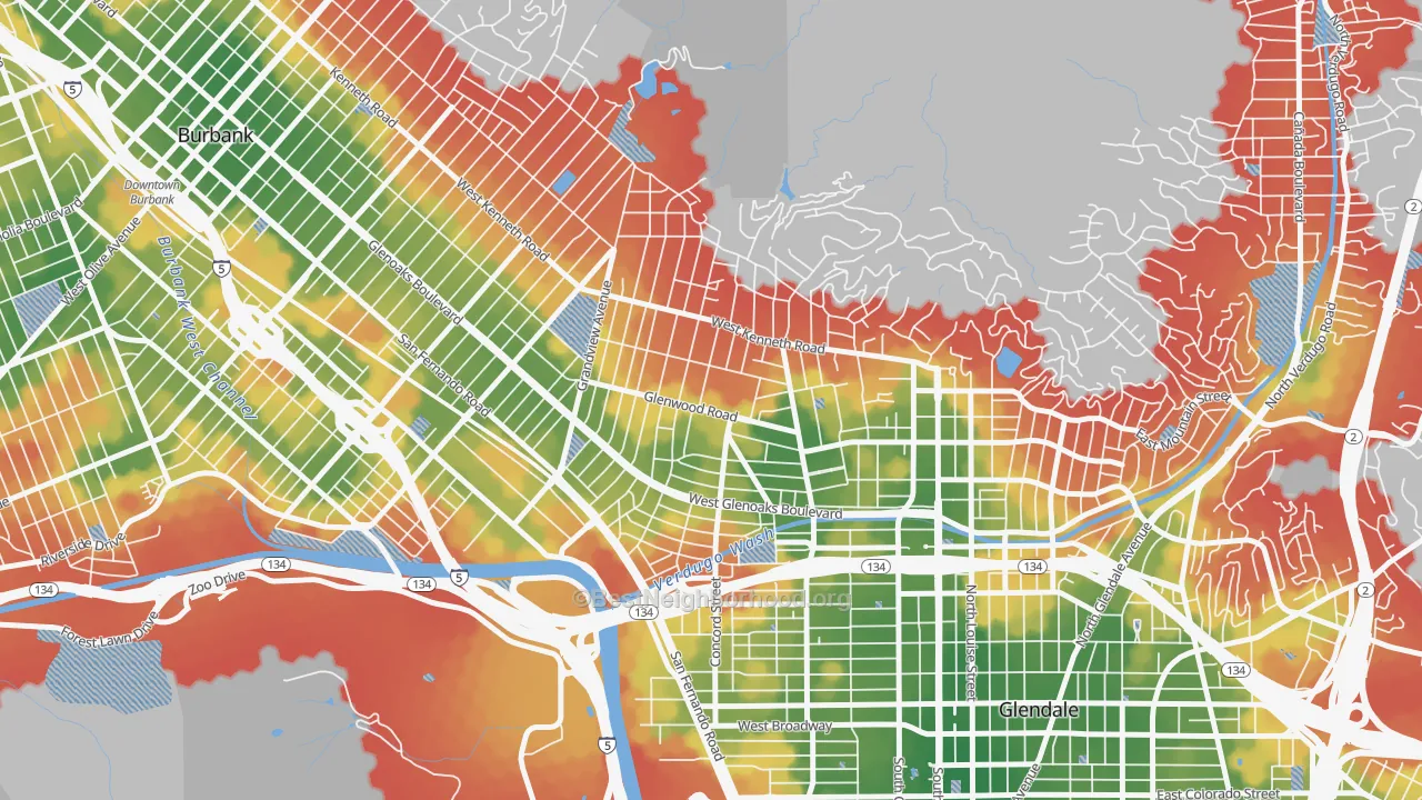 Walk Grade map of Glenwood, Glendale, CA, walkable areas in green and car-dependent areas in red