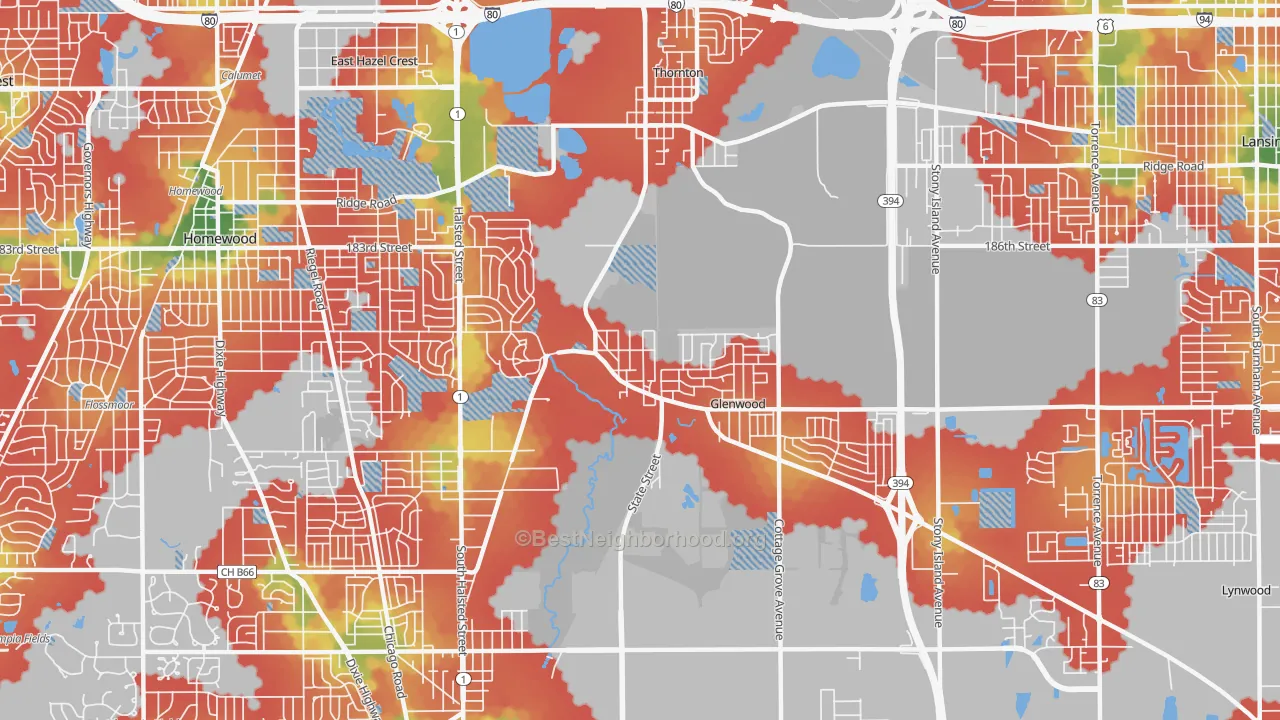 Walk Grade map of Glenwood, IL, walkable areas in green and car-dependent areas in red