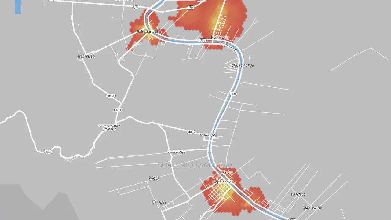 Walk Grade map of Glenwood, LA, walkable areas in green and car-dependent areas in red