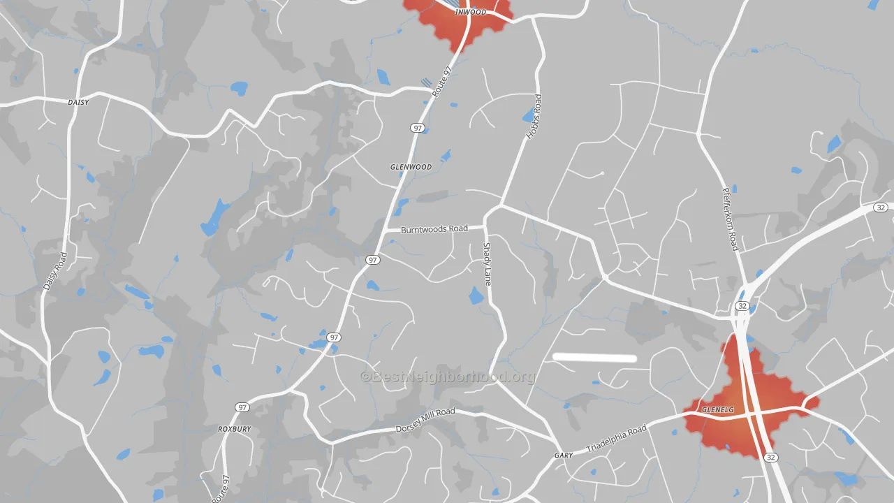 Walk Grade map of Glenwood, MD, walkable areas in green and car-dependent areas in red