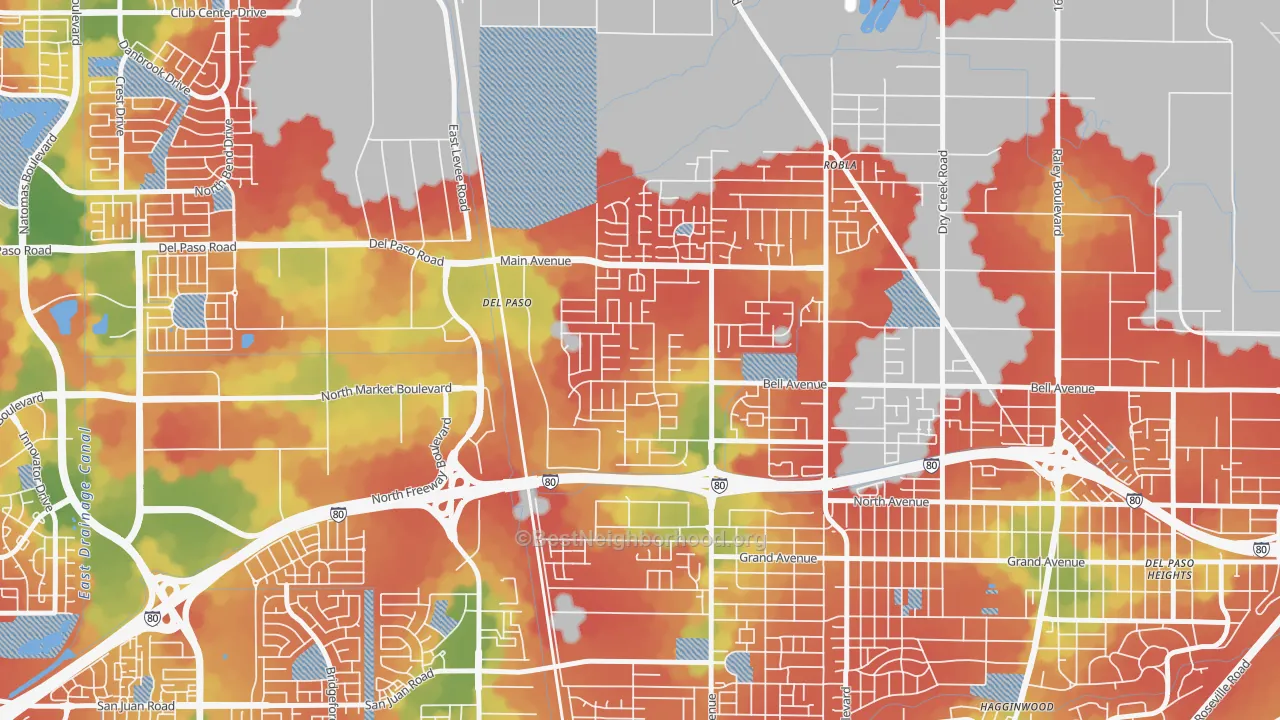 Walk Grade map of Glenwood Meadows, Sacramento, CA, walkable areas in green and car-dependent areas in red