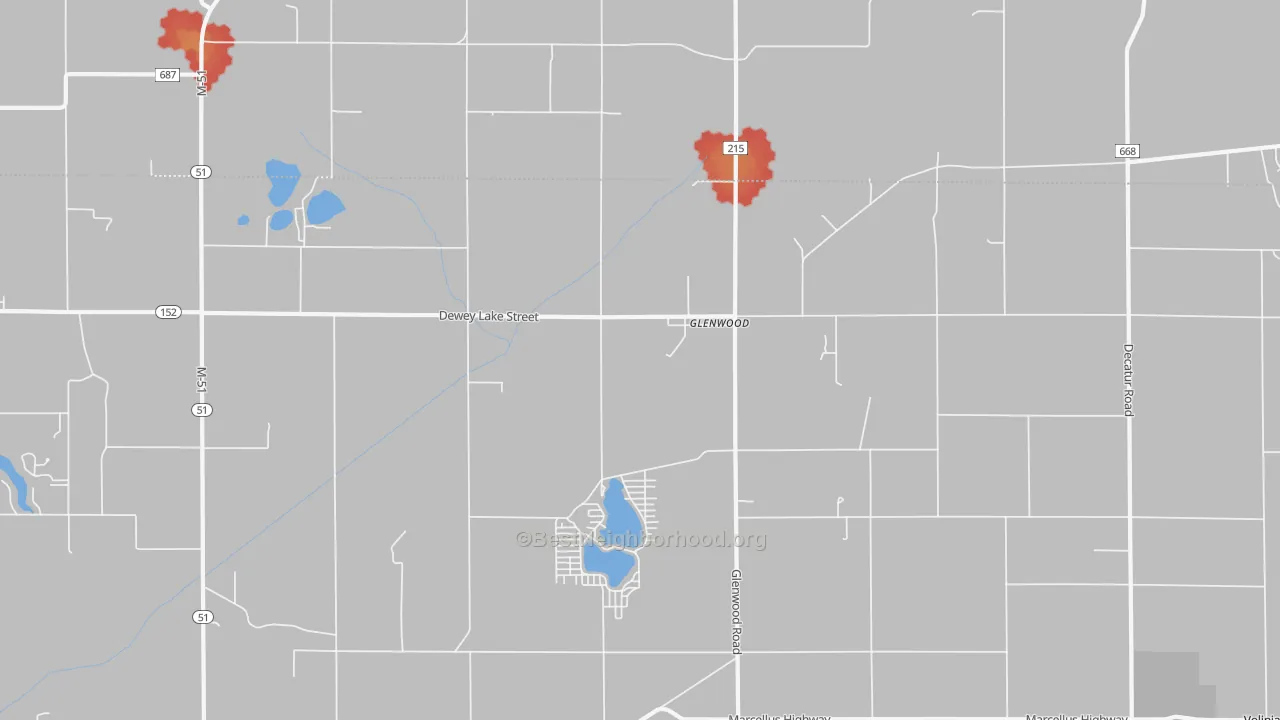 Walk Grade map of Glenwood, MI, walkable areas in green and car-dependent areas in red