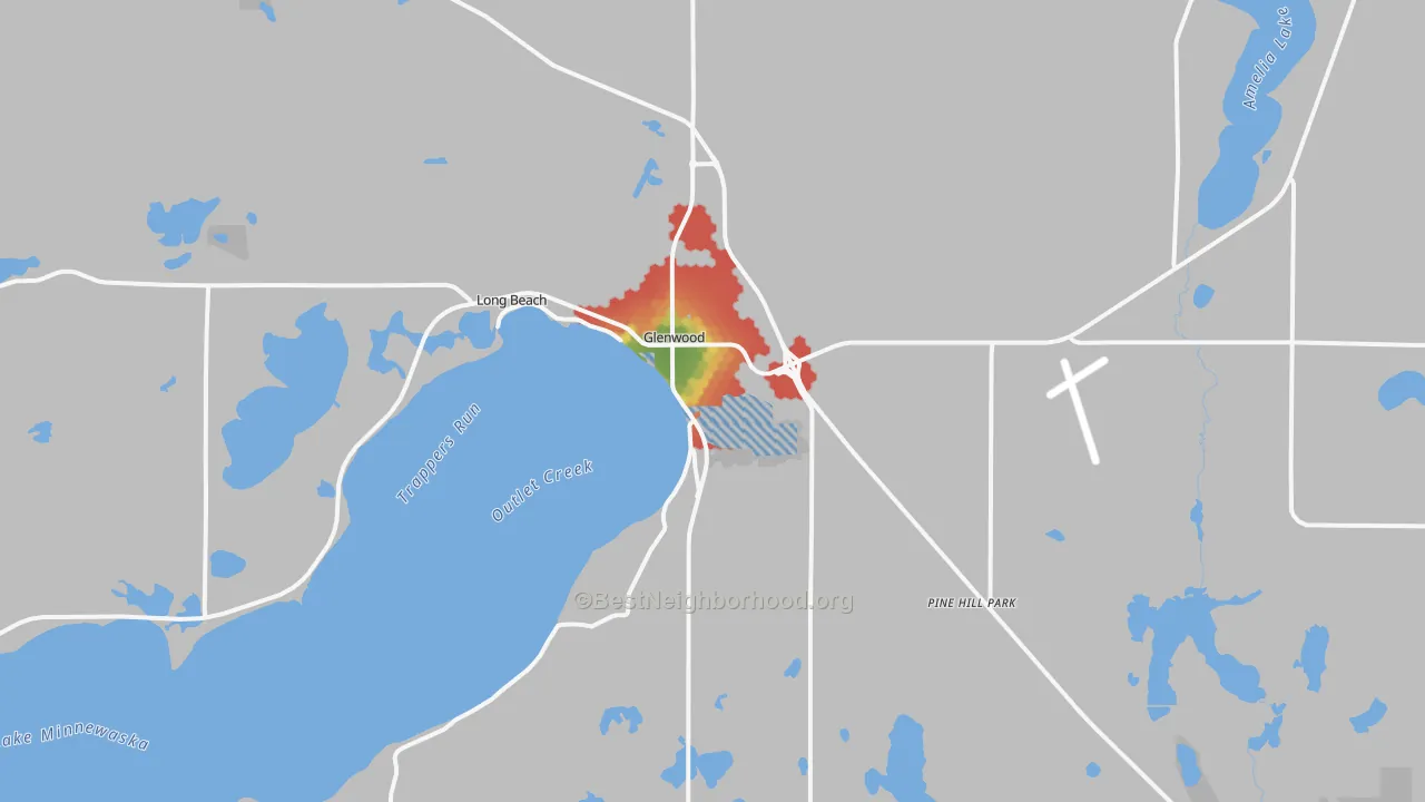 Walk Grade map of Glenwood, MN, walkable areas in green and car-dependent areas in red