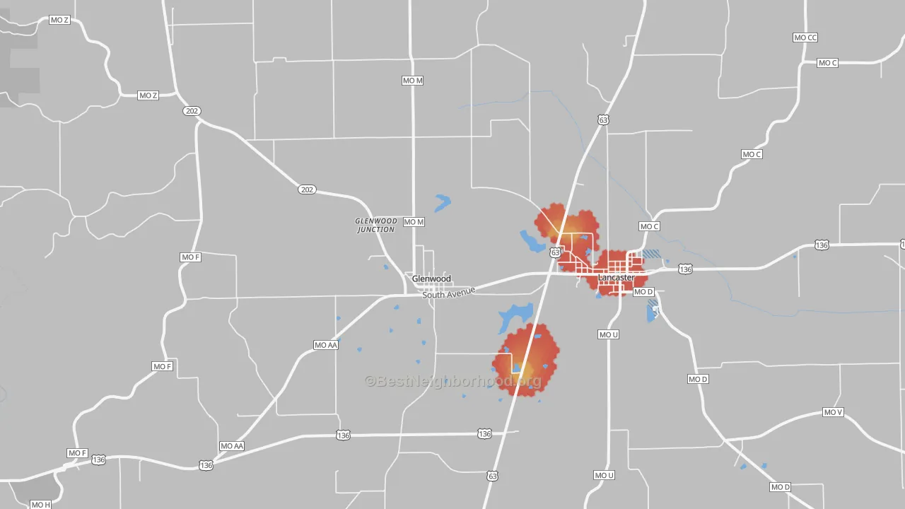Walk Grade map of Glenwood, MO, walkable areas in green and car-dependent areas in red