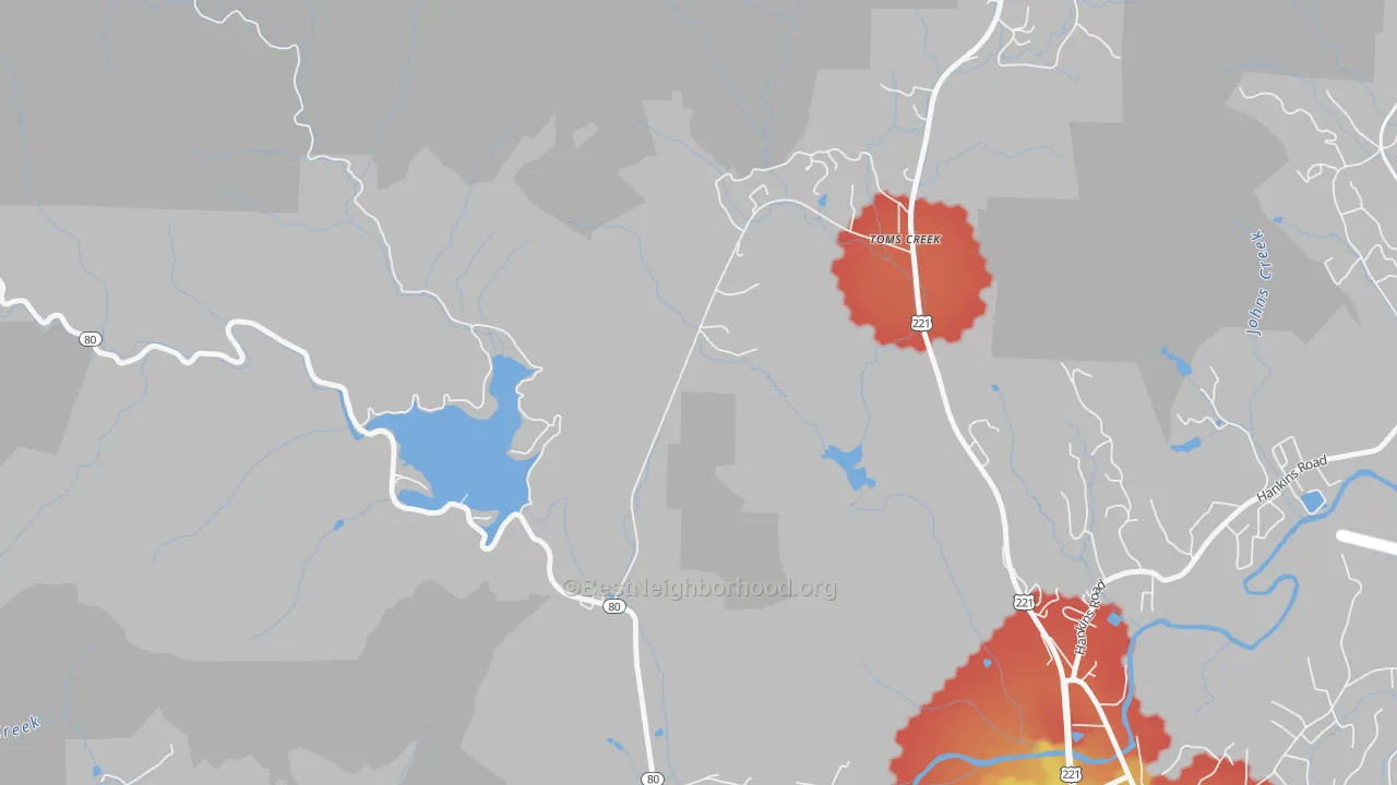 Walk Grade map of Glenwood, NC, walkable areas in green and car-dependent areas in red