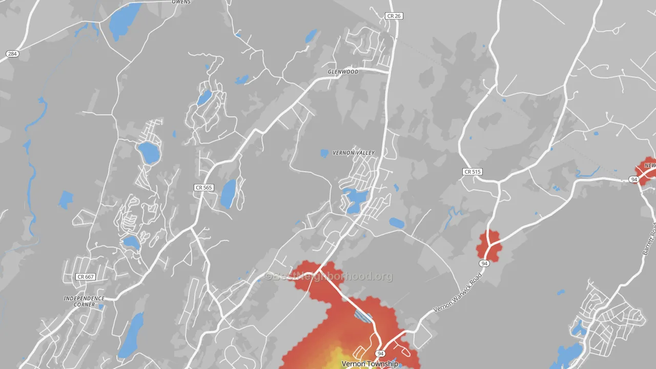 Walk Grade map of Glenwood, NJ, walkable areas in green and car-dependent areas in red