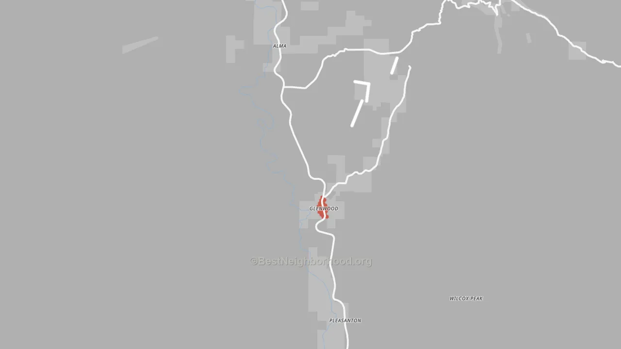 Walk Grade map of Glenwood, NM, walkable areas in green and car-dependent areas in red