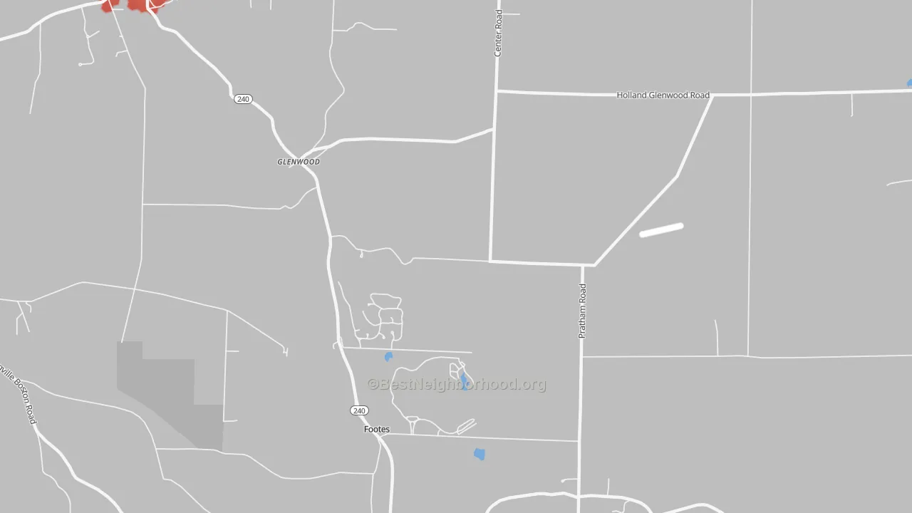 Walk Grade map of Glenwood, NY, walkable areas in green and car-dependent areas in red