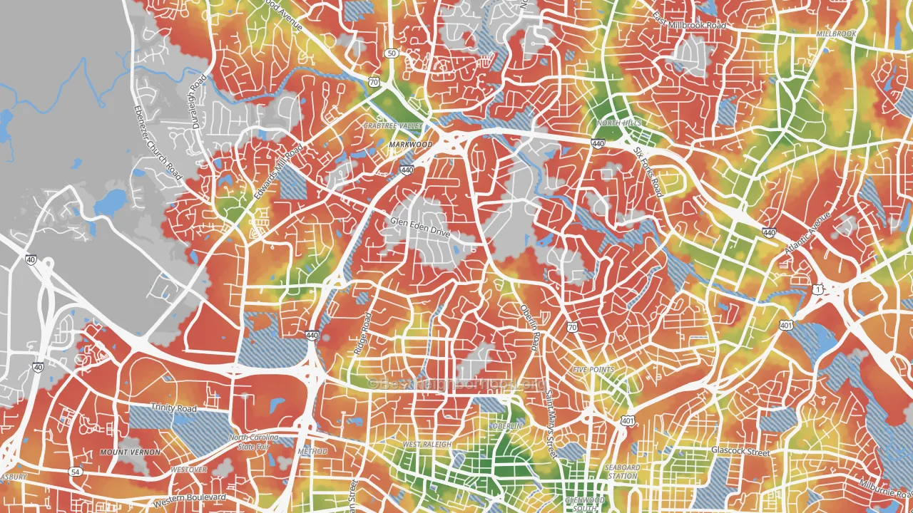 Walk Grade map of Glenwood, Raleigh, NC, walkable areas in green and car-dependent areas in red