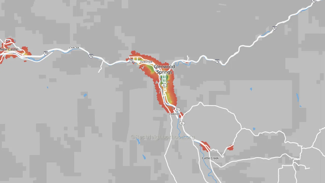 Walk Grade map of Glenwood Springs, CO, walkable areas in green and car-dependent areas in red