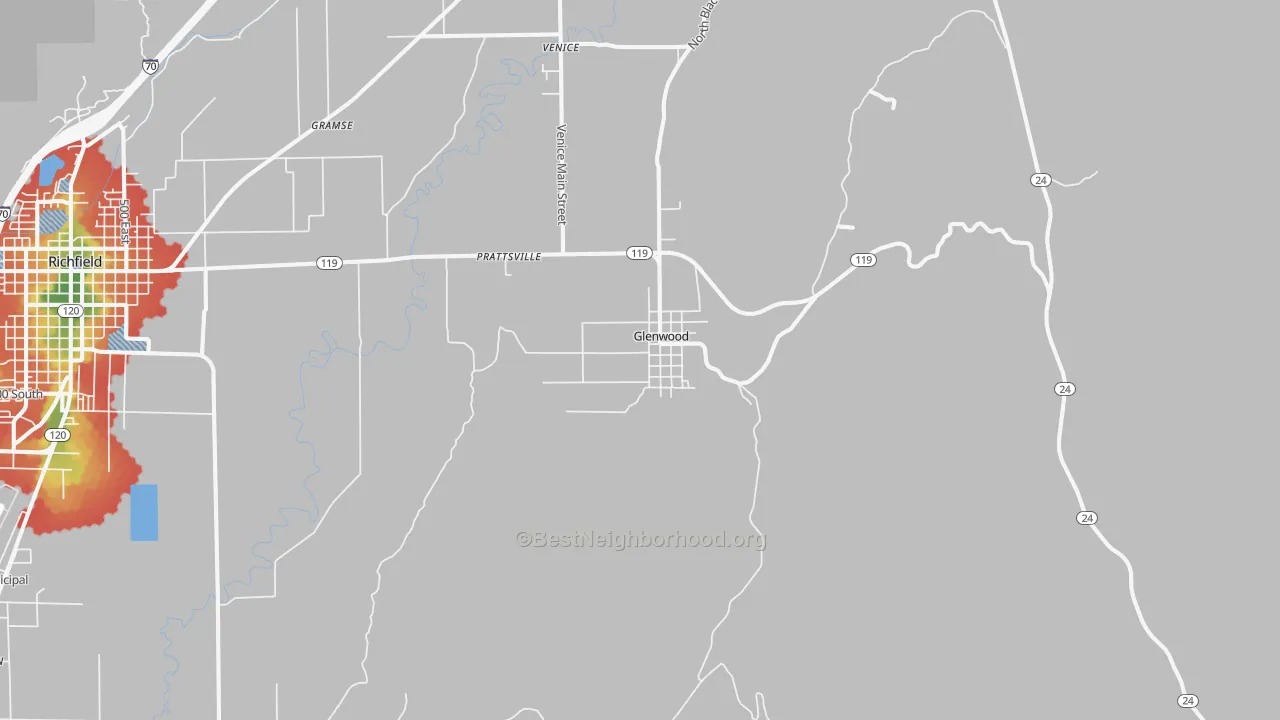 Walk Grade map of Glenwood, UT, walkable areas in green and car-dependent areas in red