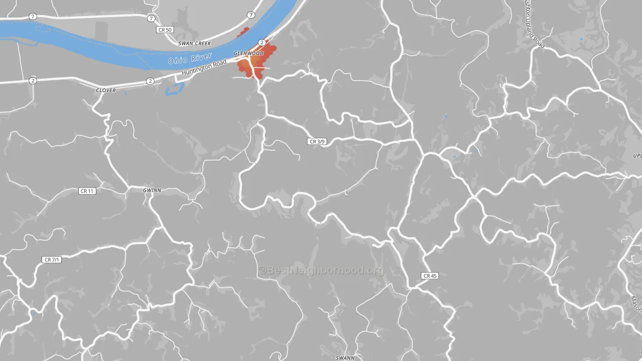 Walk Grade map of Glenwood, WV, walkable areas in green and car-dependent areas in red