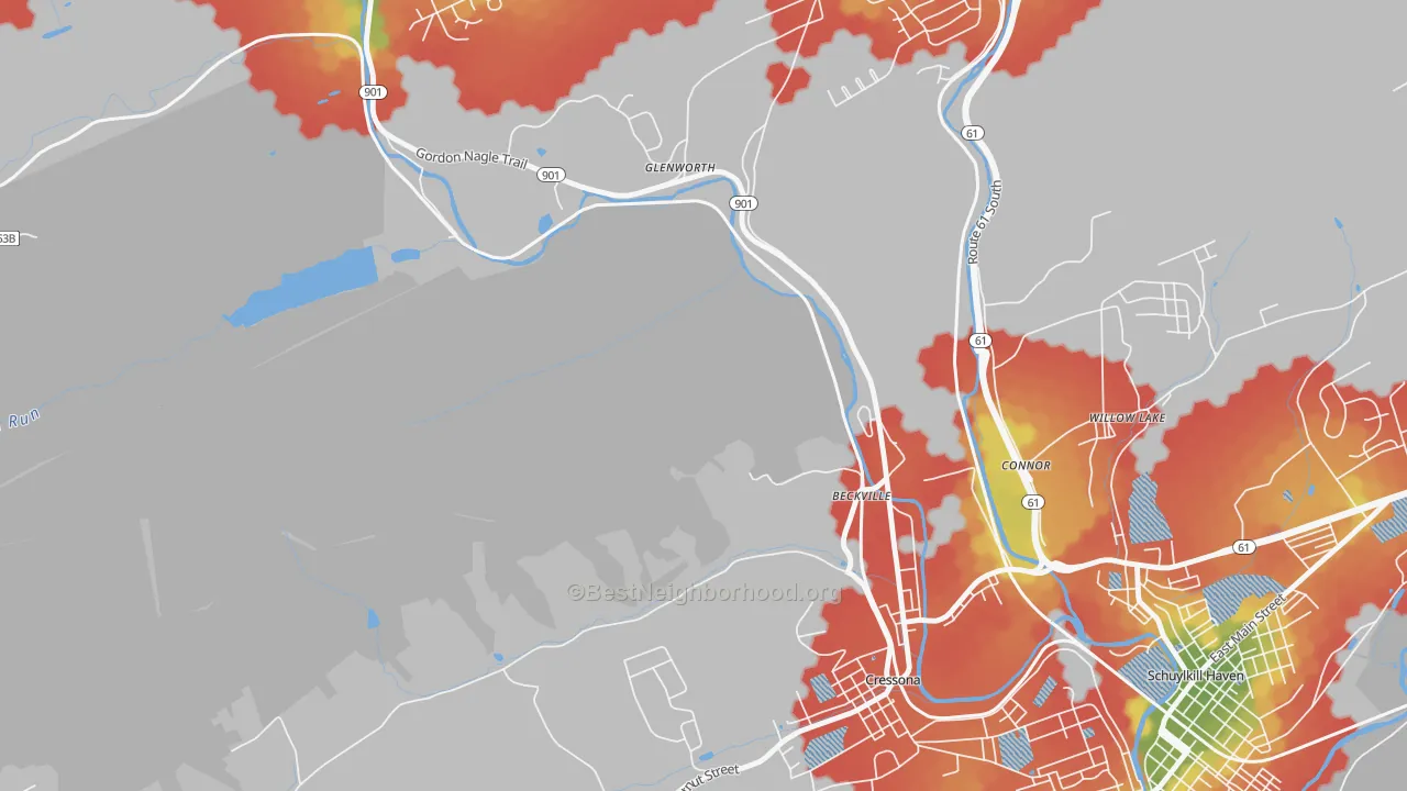 Walk Grade map of Glenworth, PA, walkable areas in green and car-dependent areas in red