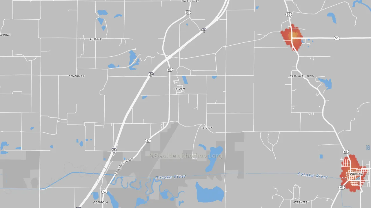 Walk Grade map of Glezen, IN, walkable areas in green and car-dependent areas in red