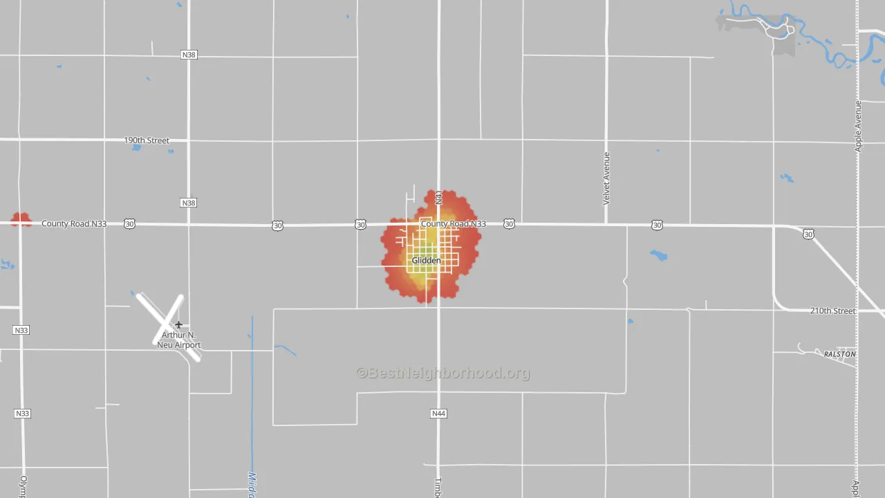 Walk Grade map of Glidden, IA, walkable areas in green and car-dependent areas in red