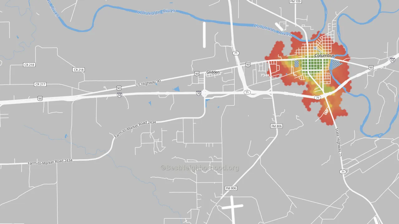 Walk Grade map of Glidden, TX, walkable areas in green and car-dependent areas in red